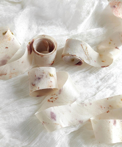 Botanical Print Mulberry Silk Ribbon, Ivory Organic Ribbon Lot