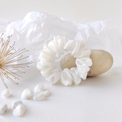 Organic white satin hair tie, Sustainable boho-style scrunchie, Natural hair elastic for mom