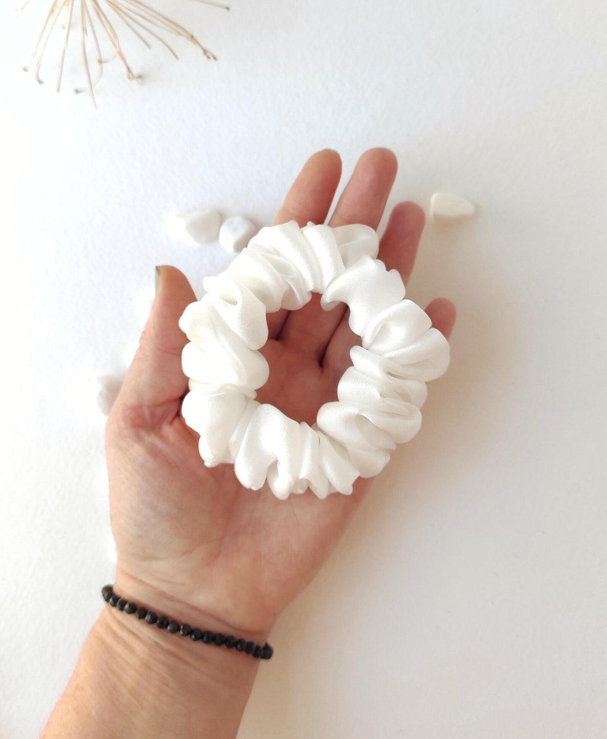 Organic white satin hair tie, Sustainable boho-style scrunchie, Natural hair elastic for mom