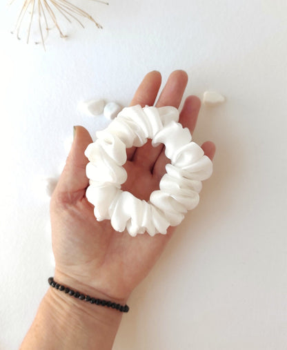 Organic white satin hair tie, Sustainable boho-style scrunchie, Natural hair elastic for mom