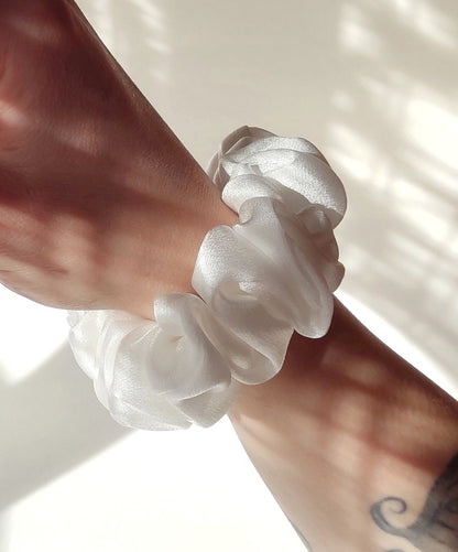 Organic white satin hair tie, Sustainable boho-style scrunchie, Natural hair elastic for mom