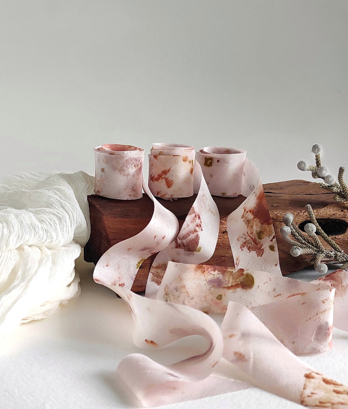 Plant Dyed Habotai Silk Ribbon Set, Botanical Print, Pink Colors ribbon