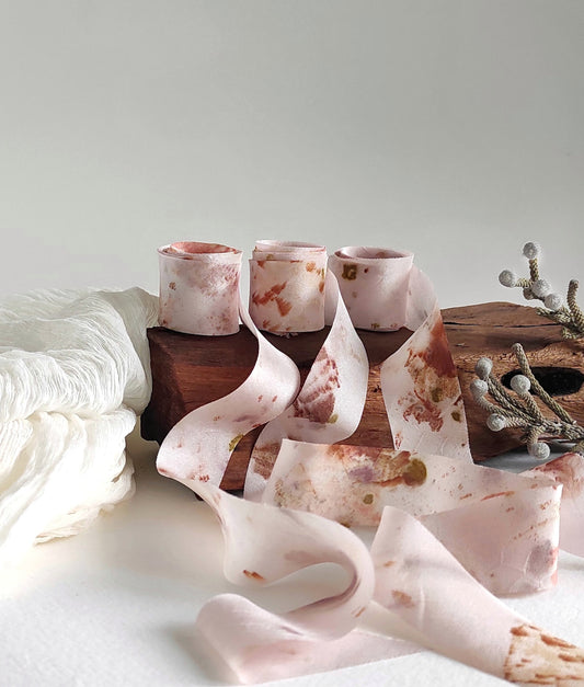 Plant Dyed Habotai Silk Ribbon Set, Botanical Print, Pink Colors ribbon