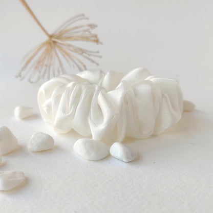 Organic white satin hair tie, Sustainable boho-style scrunchie, Natural hair elastic for mom
