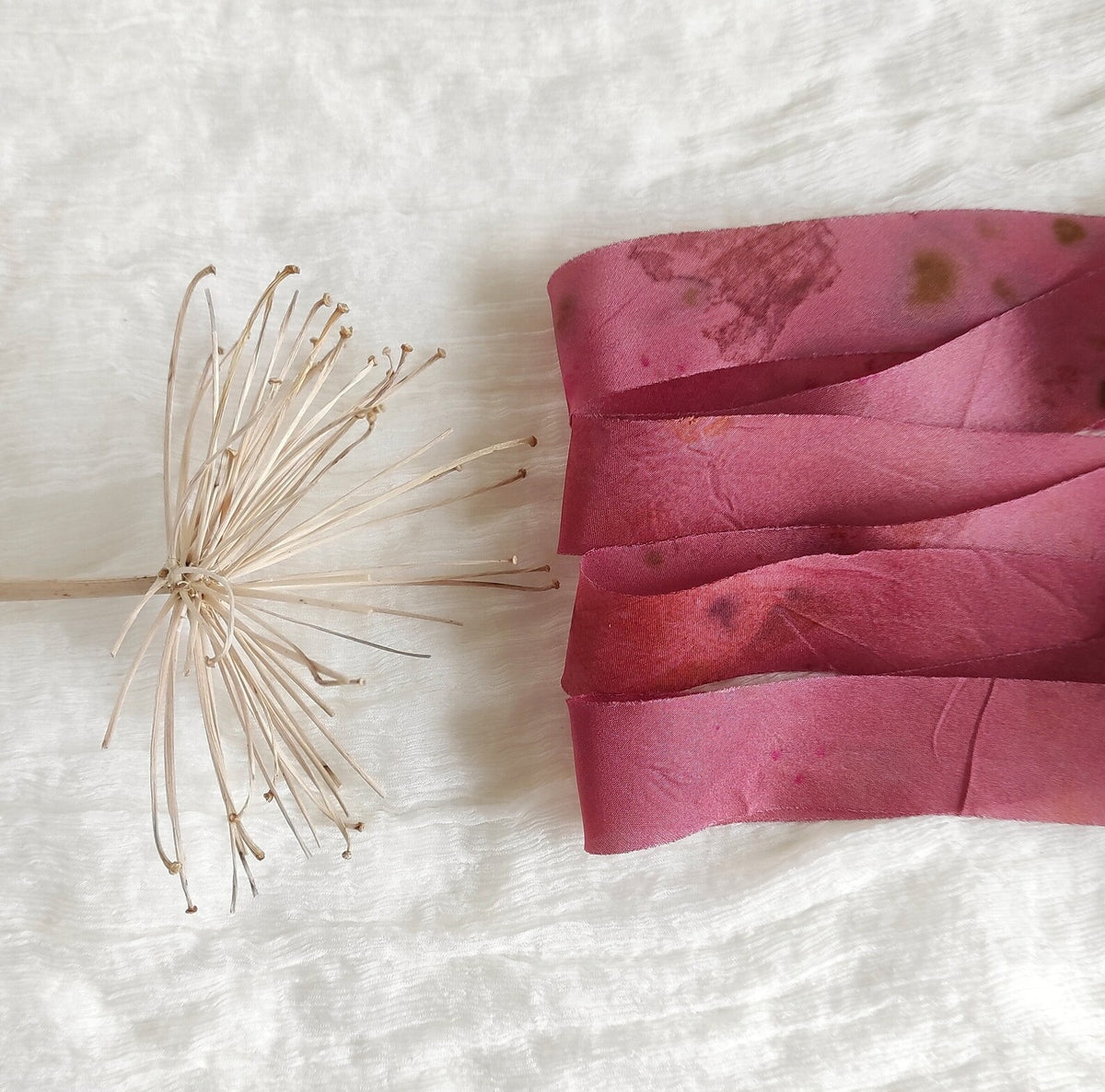 Raspberry Hand-Dyed Silk Ribbon, Botanical Print, Raw Edge