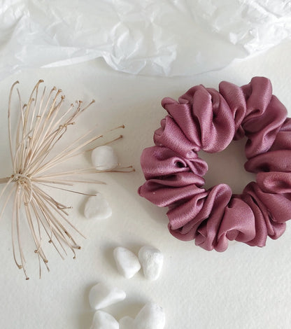 Hand Dyed Mulberry Silk Scrunchie, Medium Mauve Botanical Hair Tie, Gentle Elastic