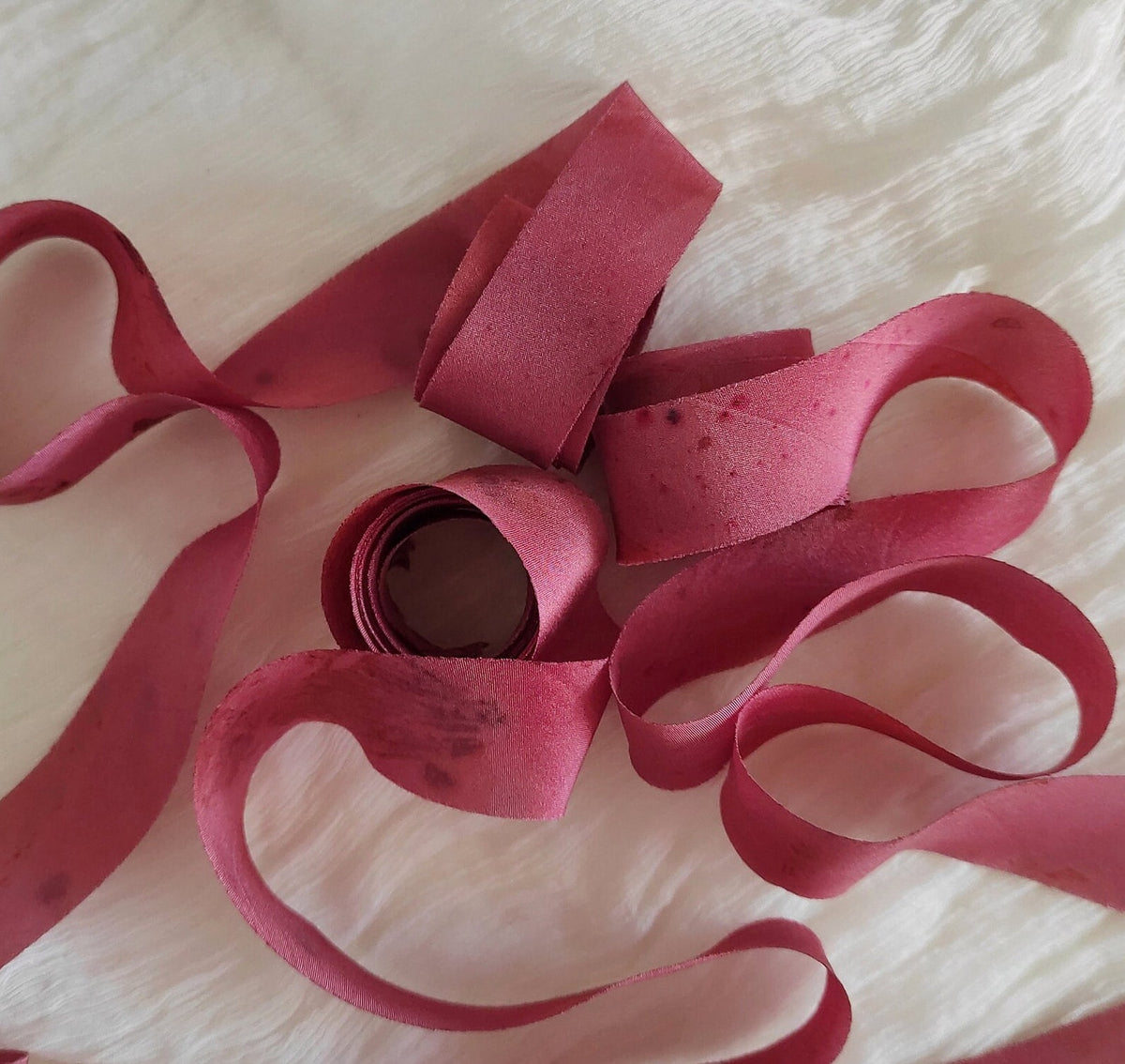 Raspberry Hand-Dyed Silk Ribbon, Botanical Print, Raw Edge