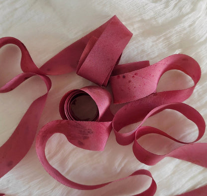 Raspberry Hand-Dyed Silk Ribbon, Botanical Print, Raw Edge