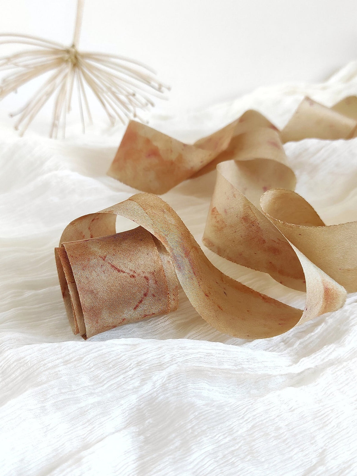 Botanical Eco Print Silk Ribbon, Hand Dyed Habotai Ribbon, 1-Inch ribbon