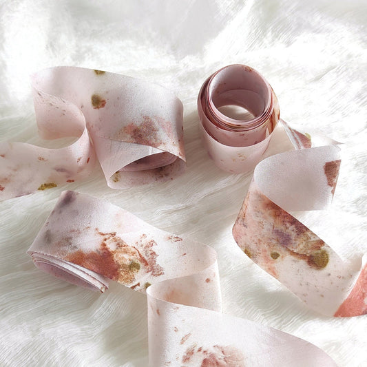 Botanical print silk ribbon, Hand-dyed pink organic ribbon, Raw edge thin ribbon gift wrap