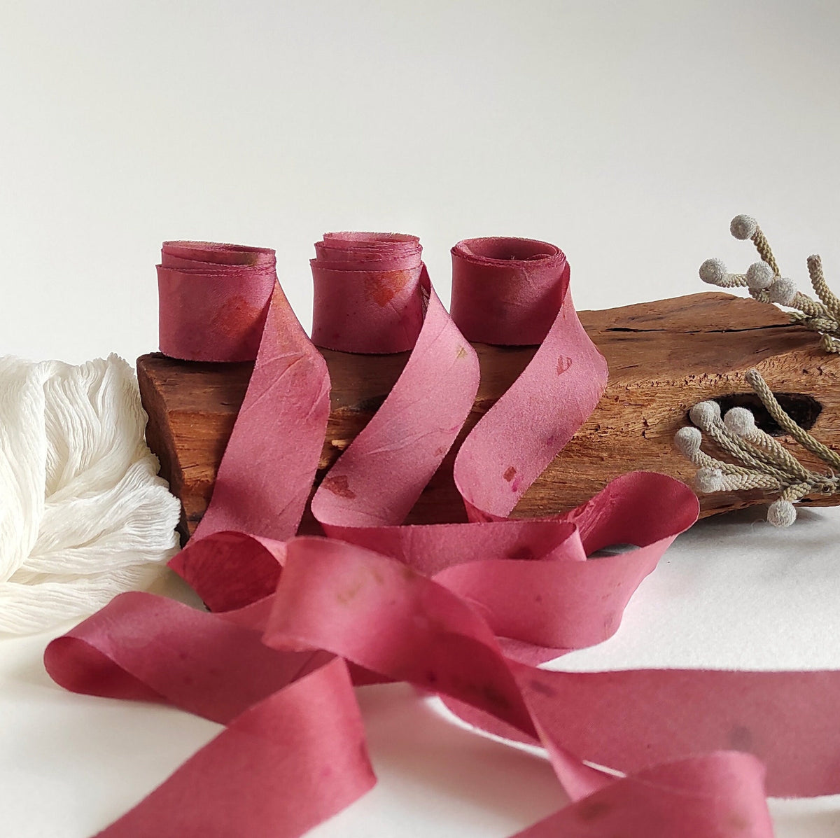 Raspberry Hand-Dyed Silk Ribbon, Botanical Print, Raw Edge