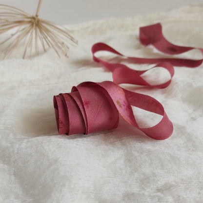 Raspberry Hand-Dyed Silk Ribbon, Botanical Print, Raw Edge