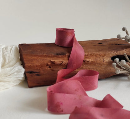 Raspberry Hand-Dyed Silk Ribbon, Botanical Print, Raw Edge