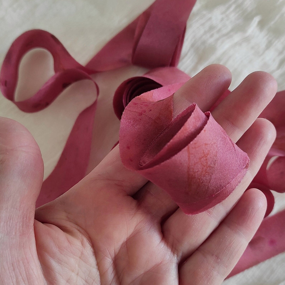 Raspberry Hand-Dyed Silk Ribbon, Botanical Print, Raw Edge