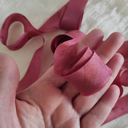 Raspberry Hand-Dyed Silk Ribbon, Botanical Print, Raw Edge