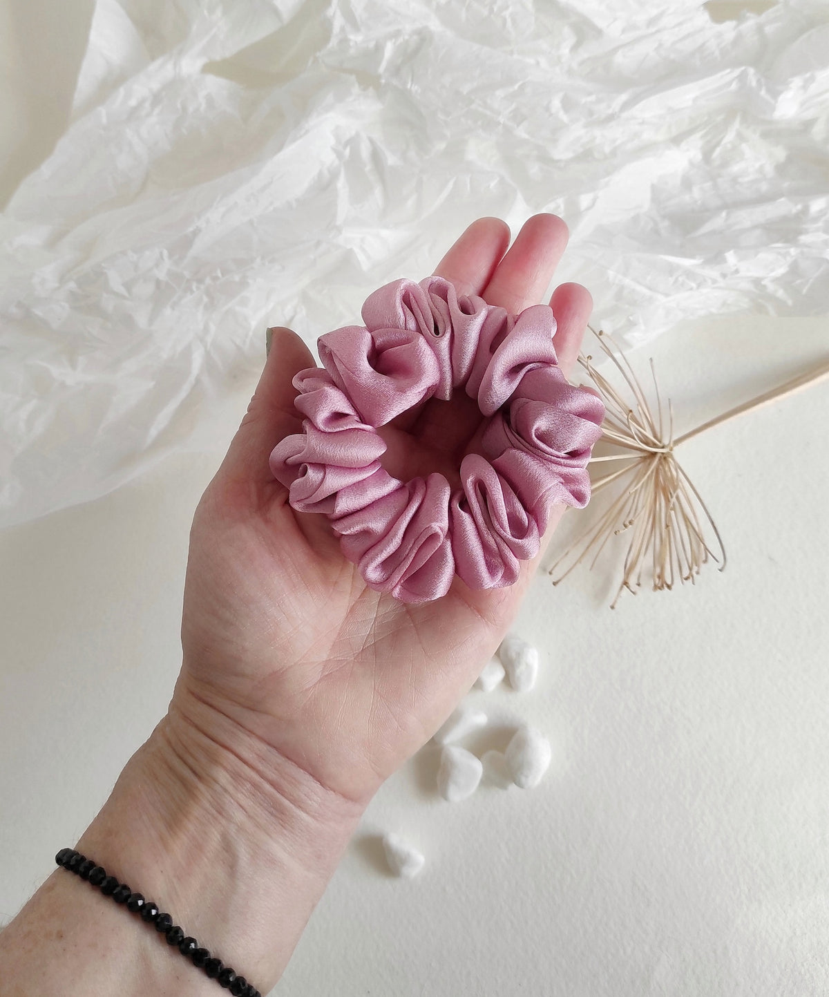 Hand-dyed mulberry silk scrunchie, Dusty pink organic hair tie, Organic elastic for mom