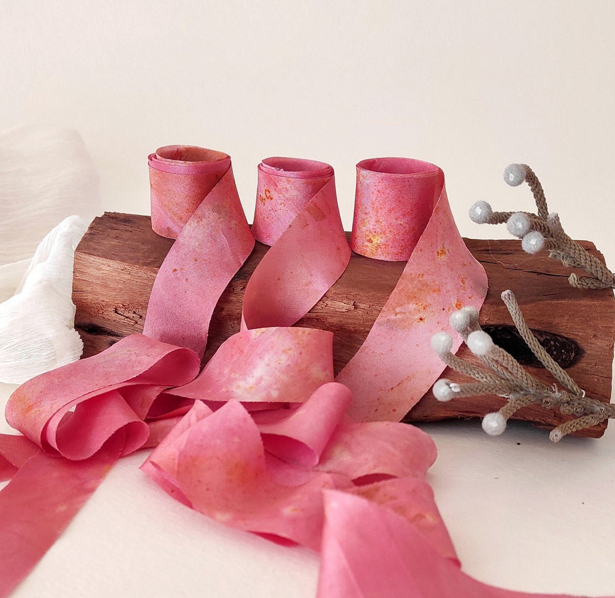 Pink Silk Ribbon Set, Botanical Dyed Natural Print, Mulberry Silk Gift Wrapping