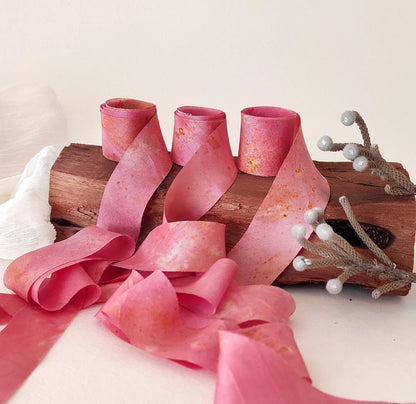 Pink Silk Ribbon Set, Botanical Dyed Natural Print, Mulberry Silk Gift Wrapping