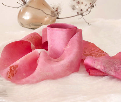 Botanical Print Silk Ribbon, Wide sustainable ribbon in pink, Plant dyed organic ribbon for gift