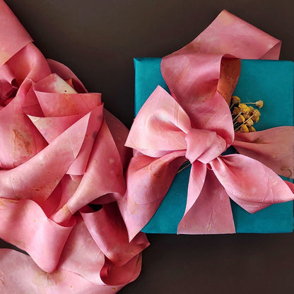 Hand dyed pink silk ribbon, Botanical print organic ribbon, Boho wedding decor ribbon