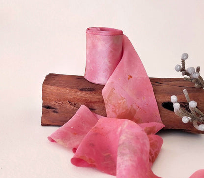 Botanical Print Silk Ribbon, Wide sustainable ribbon in pink, Plant dyed organic ribbon for gift