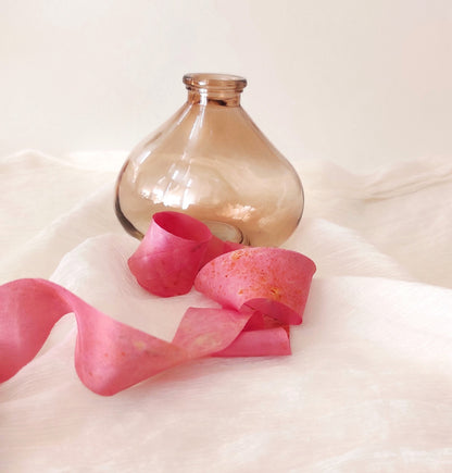 Botanically Dyed Silk Ribbon, Medium Rose organic ribbon, Natural print ribbon