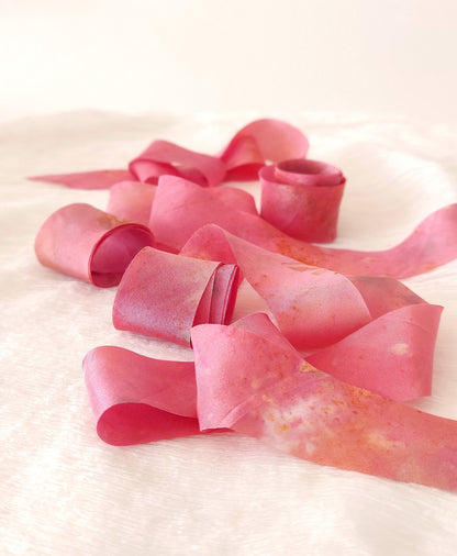 Botanically Dyed Silk Ribbon, Medium Rose organic ribbon, Natural print ribbon
