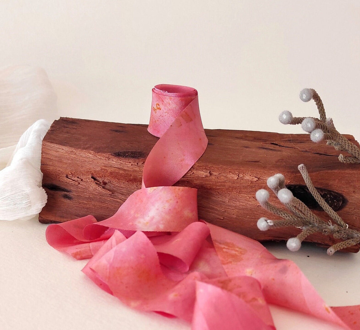 Botanically Dyed Silk Ribbon, Medium Rose organic ribbon, Natural print ribbon