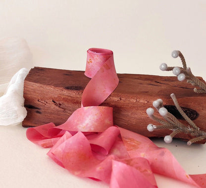 Botanically Dyed Silk Ribbon, Medium Rose organic ribbon, Natural print ribbon
