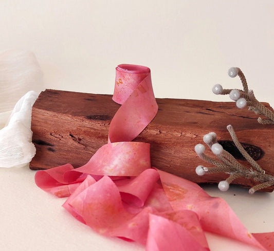 Botanically Dyed Silk Ribbon, Medium Rose organic ribbon, Natural print ribbon