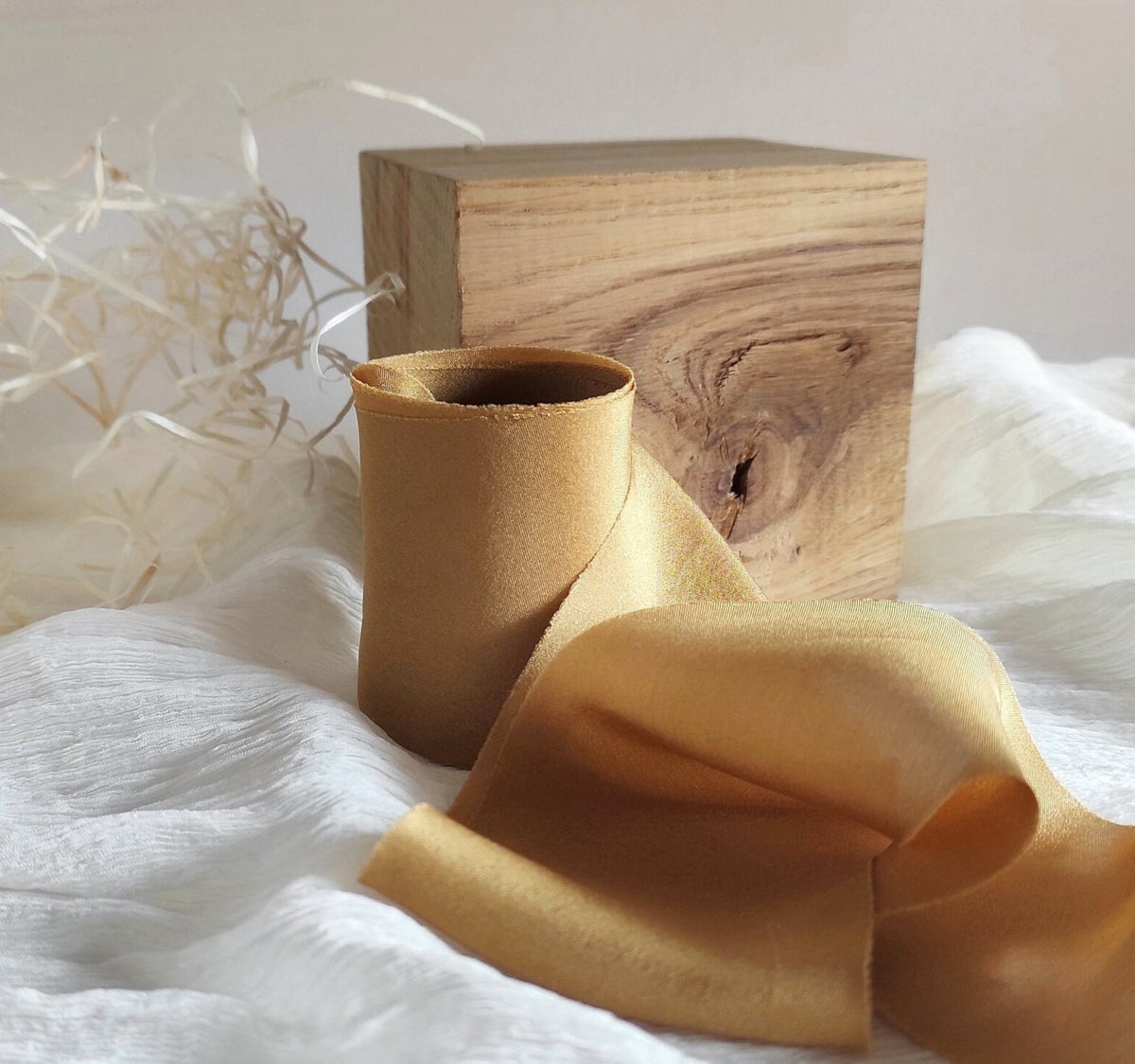 Hand dyed organic silk ribbon, Old Gold wide natural ribbon, Bohemian wedding sustainable ribbon