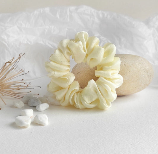 Lemon yellow satin silk scrunchie, Eco-dyed organic hair tie, Eco-friendly hair elastic for fall