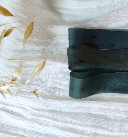 Botanical Print Silk Ribbon, Forest Green, Raw Edge Organic Ribbon