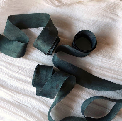 Green Botanical Print Silk Ribbon, Organic Dyed Habotai Silk, 1-Inch Wide