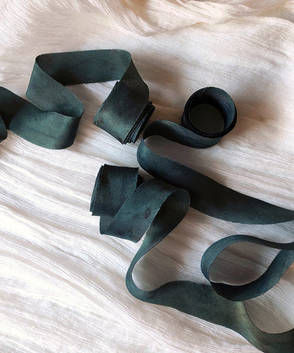Organic ribbon set in forest green, Botanical print sustainable ribbon, Eco-friendly thin silk ribbon for spring