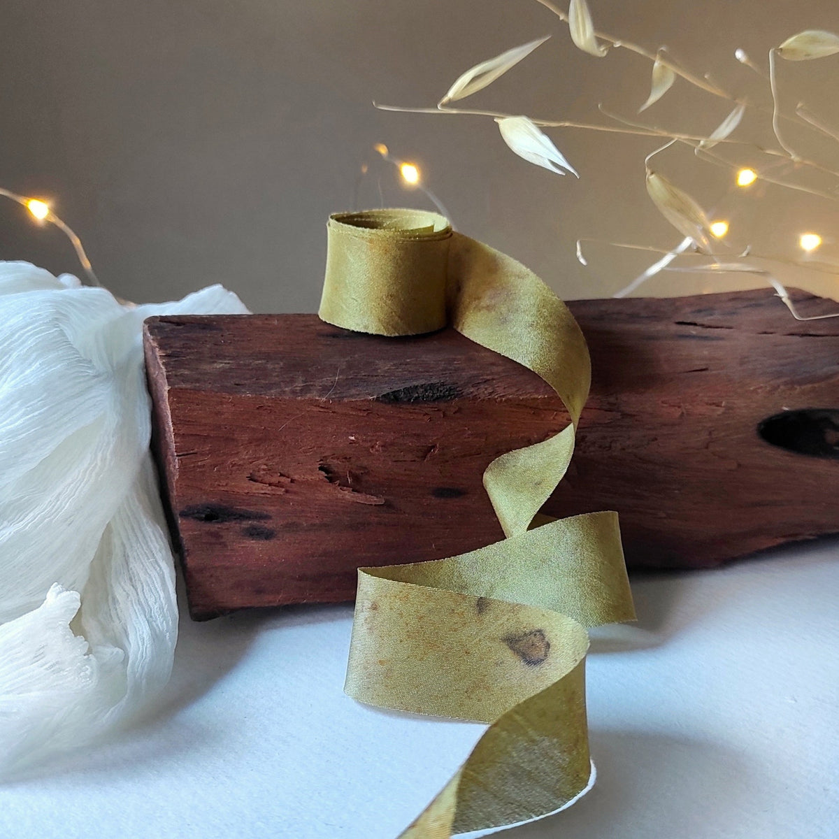 Ochre Mulberry Silk Ribbon Set, Plant Print, Hand Dyed ribbon