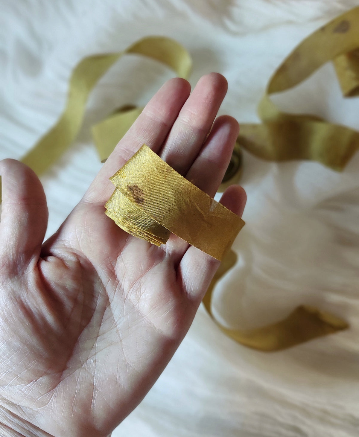 Ochre Mulberry Silk Ribbon Set, Plant Print, Hand Dyed ribbon