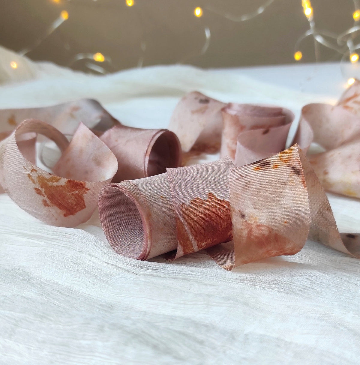 Hand Dyed Organic Silk Ribbon, Botanical Print Dusty Mauve, Thin Ribbon for gift