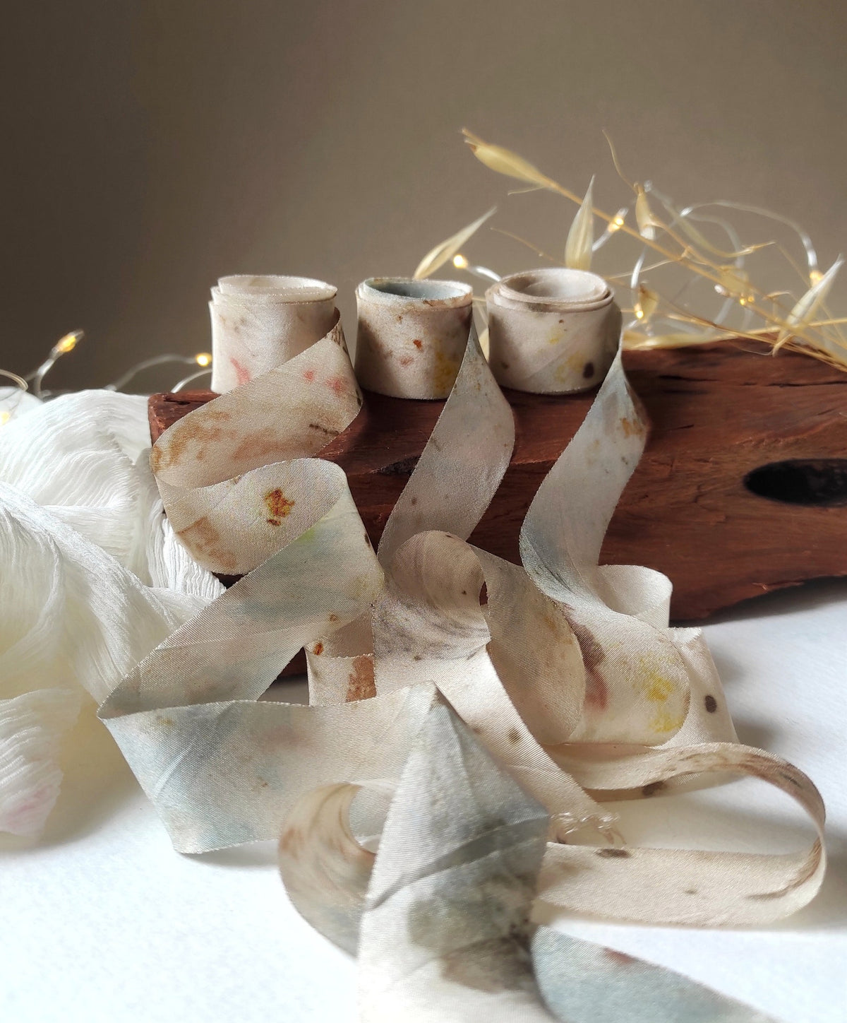 Botanical Print Habotai Silk Ribbon, Hand Dyed Earth Tones, Eco-Friendly Boho Wedding Decor Ribbon