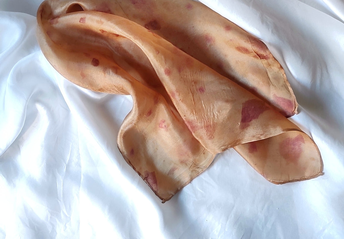 Botanically dyed silk scarf, Earth tone habotai square scarf, Natural print organic bandana for gift summer