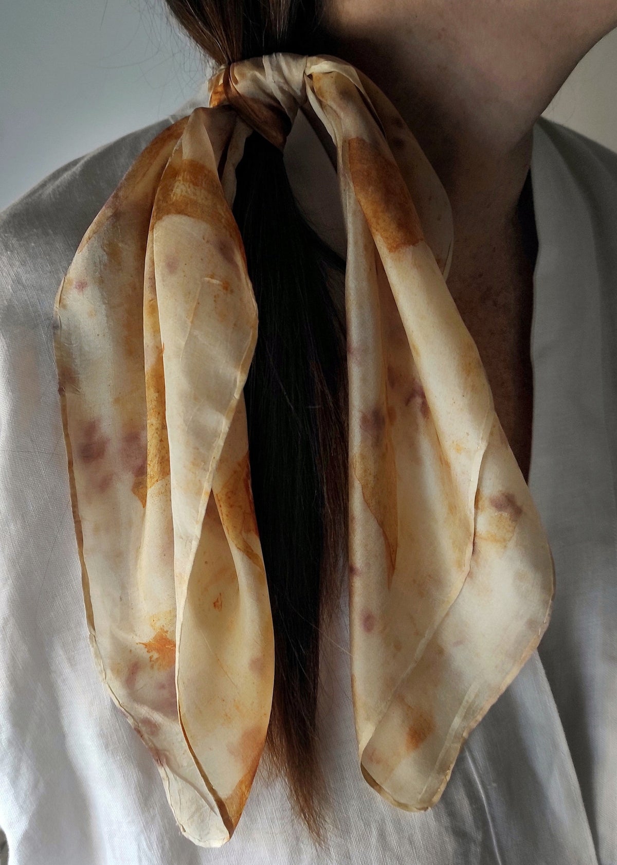 Ivory botanically dyed silk scarf, Boho organic scarf for woman, Plant print scarf handmade, Natural bandana for gift wrapping