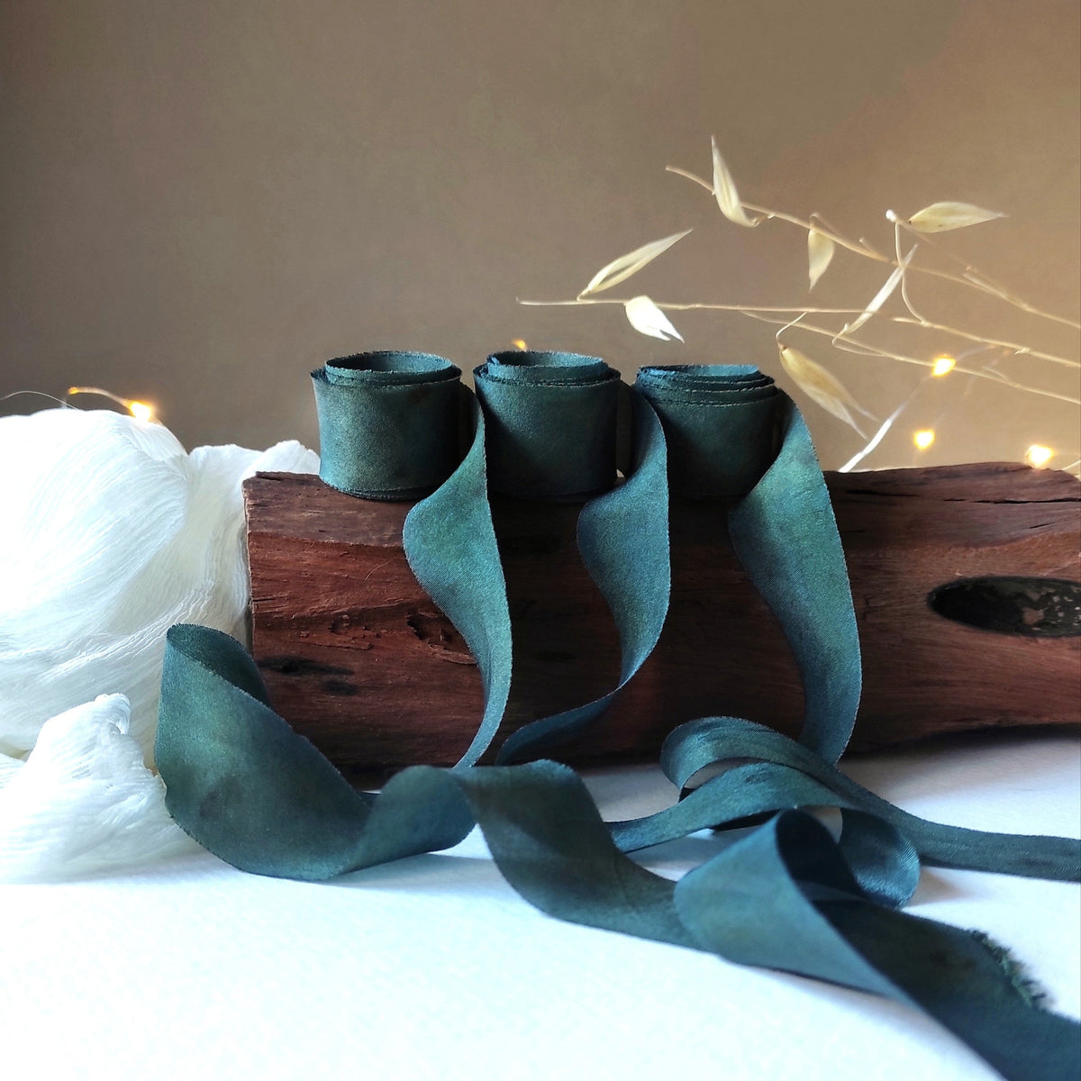 Botanical Print Silk Ribbon, Forest Green, Raw Edge Organic Ribbon
