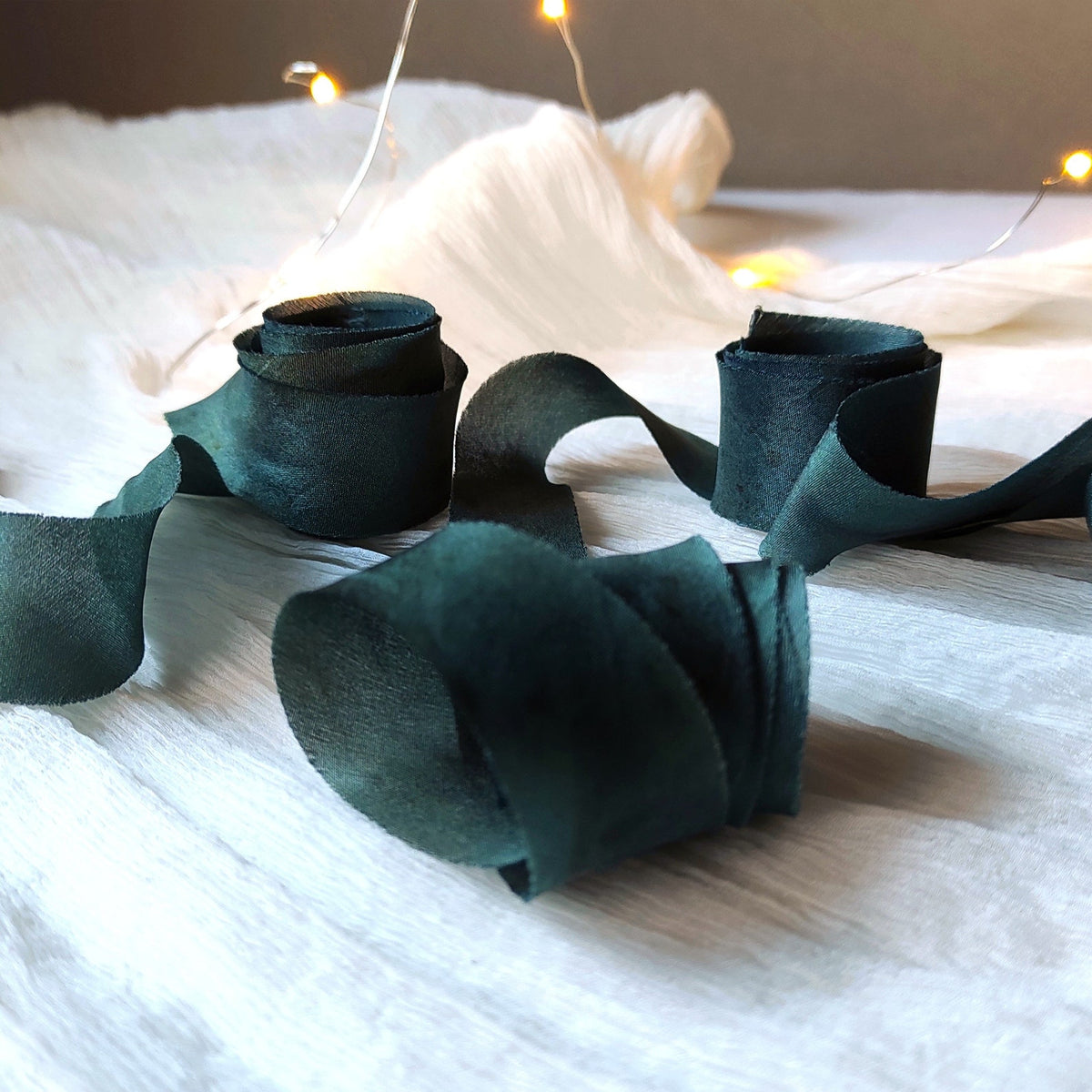 Botanical Print Silk Ribbon, Forest Green, Raw Edge Organic Ribbon