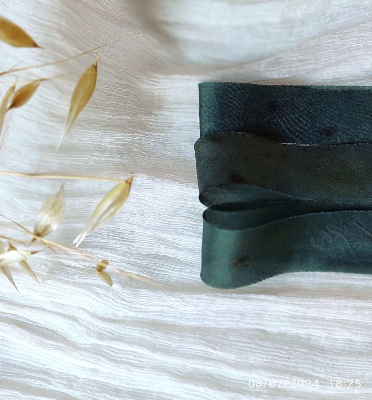 Green Botanical Print Silk Ribbon, Organic Dyed Habotai Silk, 1-Inch Wide