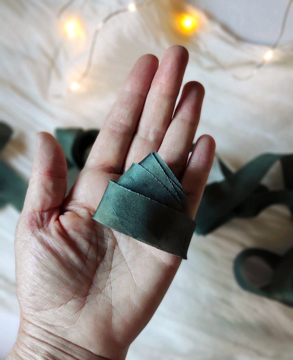 Green Botanical Print Silk Ribbon, Organic Dyed Habotai Silk, 1-Inch Wide