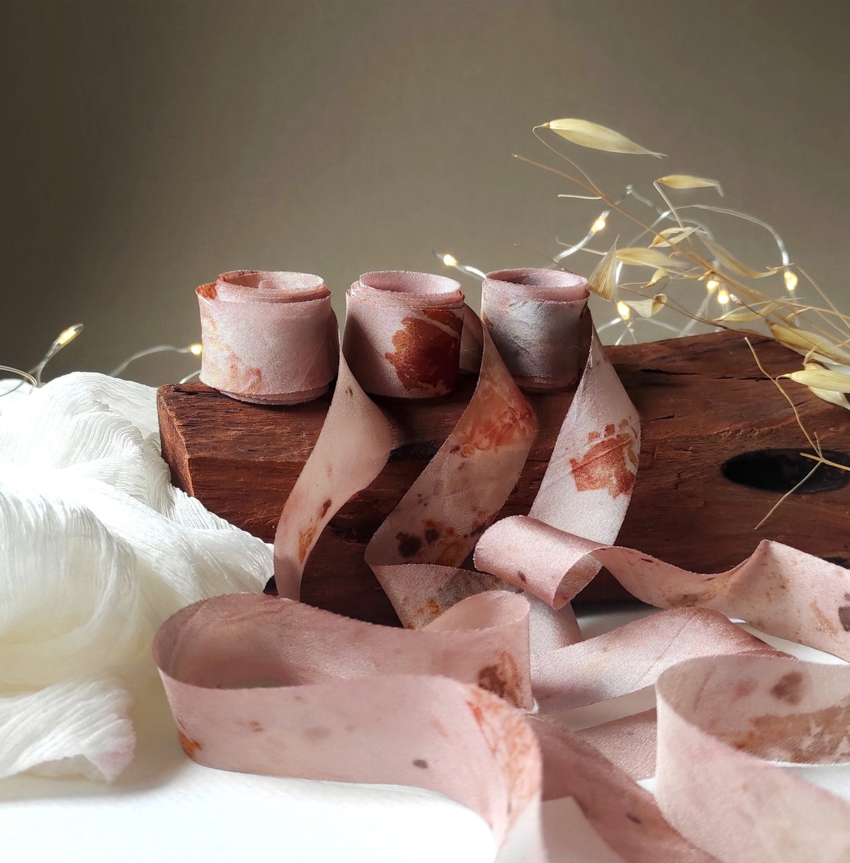 Hand Dyed Organic Silk Ribbon, Botanical Print Dusty Mauve, Thin Ribbon for gift