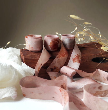 Eco-Print Silk Ribbon: Hand-Dyed Botanical Mauve Habotai Silk