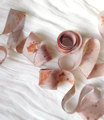 Eco-Print Silk Ribbon: Hand-Dyed Botanical Mauve Habotai Silk