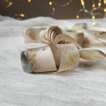 Botanical Print Habotai Silk Ribbon, Hand Dyed Earth Tones, Eco-Friendly Boho Wedding Decor Ribbon