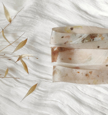 Botanical Print Habotai Silk Ribbon, Hand Dyed Earth Tones, Eco-Friendly Boho Wedding Decor Ribbon